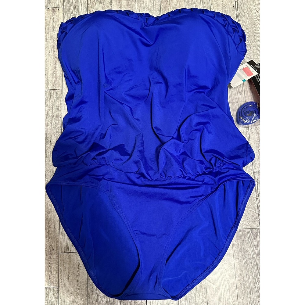 NWT 16 Jantzen Pin-tucked Strapless Bandeau One Piece Swimsuit Ink Blue Ruched